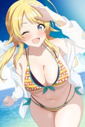  1girl ;d absurdres ahoge beach blonde_hair blush breasts cleavage collarbone hachimiya_meguru highres idolmaster idolmaster_shiny_colors jacket large_breasts looking_at_viewer musha_no_kozi navel one_eye_closed open_mouth outdoors smile solo stomach thighs twintails white_jacket  rating:Sensitive score:17 user:danbooru