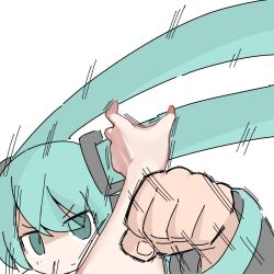  1girl aqua_eyes aqua_hair clenched_hand commentary grabbing hair_ornament hatsune_miku hokorima incoming_attack incoming_punch looking_at_viewer meme motion_lines pov pov_cheek_grabbing_(meme) punching simple_background twintails upper_body v-shaped_eyebrows vocaloid white_background 