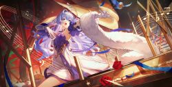  1girl 6890390145 absurdres arms_up blue_eyes bracelet commentary_request cowboy_shot detached_sleeves dress falling_feathers feathers floating_hair flower fur_shawl gloves hair_intakes halo head_wings highres honkai:_star_rail honkai_(series) jewelry long_hair music musical_note musical_note_ornament open_mouth pearl_bracelet purple_dress purple_hair purple_sleeves red_flower red_rose robin_(bird) robin_(honkai:_star_rail) rose shawl singing sitting solo strapless strapless_dress two-tone_dress very_long_hair white_dress white_gloves wings 