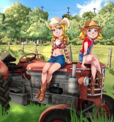  absurdres arm_support ben_10 blonde_hair blue_eyes boots brown_footwear brown_headwear cloud collarbone commission cowboy_hat crossed_ankles crossed_legs facial_mark farm grass hat highres inspector_gadget long_hair looking_at_viewer lucy_mann midriff navel outdoors overall_shorts overalls penny_(inspector_gadget) plaid plaid_shirt red_shirt shirt short_hair short_sleeves sitting sky smile teeth thighs tlacuicani tractor twintails whisker_markings white_headwear  rating:Sensitive score:2 user:MonsieurCinq