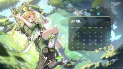  1girl ;o april arm_up armpits bare_shoulders bird black_choker blonde_hair blue_butterfly blue_sky blurry blurry_background blurry_foreground blush branch bug butterfly calendar_(medium) chinese_clothes choker commentary company_name copyright_name copyright_notice day dress english_commentary falling_leaves fingerless_gloves flower forest gloves glowing_butterfly gradient_clothes gradient_dress gradient_hair grass green_dress green_eyes green_footwear green_hair green_hairband green_ribbon hair_ribbon hairband hand_up in_tree insect knee_up leaf leg_warmers long_hair looking_at_viewer lying moss multicolored_hair mushroom nature official_art official_wallpaper on_back one_eye_closed open_mouth orange_flower outdoors pink_flower plant qixiong_ruqun rabbit ribbon rock shoes short_shorts shorts shorts_under_dress sidelocks sky sleeveless sleeveless_dress solo squeans squirrel tacet_mark_(wuthering_waves) teeth tree tree_hollow twintails upper_teeth_only verina_(wuthering_waves) very_long_hair vines white_dress white_flower white_gloves white_hairband white_leg_warmers white_ribbon white_shorts wuthering_waves yawning 