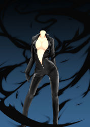  1girl arm_behind_back biker_clothes bikesuit black_bodysuit blue_background bodysuit breasts breasts_apart celty_sturluson center_opening ckros-15 cleavage collarbone contrapposto dullahan durarara!! gloves gradient_background headless high_collar holding holding_weapon large_breasts legs_apart navel open_bodysuit open_clothes polearm scythe skin_tight solo standing unzipped weapon 