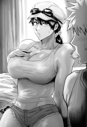 1boy 1girl arm_support bare_legs bare_shoulders bed bedroom black_hair bleach blush breasts cleavage daraz greyscale hair_between_eyes hand_on_own_chest hat hetero kurosaki_ichigo large_breasts long_hair looking_at_another monochrome no_bra pants ponytail sexually_suggestive shiny_skin short_shorts shorts simple_background sweat thick_thighs thighs torn_clothes torn_shorts unagiya_ikumi upper_body rating:Questionable score:243 user:fakyuh