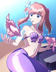  1girl blue_eyes breasts brown_hair fish hat_kid highres medium_hair mermaid monster_girl navel parted_lips ponytail seashell shell small_breasts solo  rating:Sensitive score:10 user:Cancerouscrab