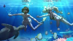  2girls animated anime_screenshot audible_music bikini blonde_hair blue_eyes breasts cleavage fish flippers goggles highres legs multicolored_bikini multicolored_clothes multiple_girls niijima_makoto persona persona_5 persona_5_the_animation red_eyes screencap slideshow snorkel sound swimsuit tagme takamaki_anne thighs turtle turtle_shell twintails underwater video 