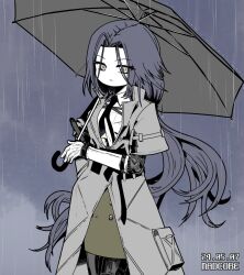 1girl android ar-18_(girls&#039;_frontline) artist_name black_hair black_necktie closed_mouth coat commentary_request commission dated elbow_gloves girls&#039;_frontline gloves green_skirt grey_coat holding holding_umbrella korean_commentary long_hair looking_at_viewer madcore mechanical_arms mechanical_legs necktie overcoat parted_bangs pixiv_commission rain shirt short_sleeves skirt solo umbrella variant_set very_long_hair watch white_gloves white_shirt wristwatch yellow_eyes 