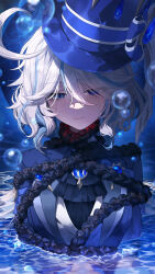  1girl absurdres ahoge ascot black_ascot blue_coat blue_eyes blue_hair blue_hat blue_theme blurry blurry_foreground bound bubble closed_mouth coat commentary_request crying crying_with_eyes_open empty_eyes furina_(genshin_impact) furrowed_brow genshin_impact hair_between_eyes hat heterochromia highres kodona lolita_fashion looking_down multicolored_hair partially_submerged short_hair solo streaked_hair sushispin tearing_up tears tied_up_(nonsexual) top_hat water wavy_hair white_hair 