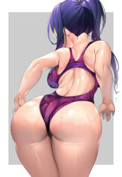 1girl alternate_breast_size ass back back_cutout bare_shoulders blush breasts clothing_cutout competition_swimsuit cowboy_shot from_behind gradient_hair highleg highleg_swimsuit highres huge_ass large_breasts long_hair love_live! love_live!_school_idol_project matsuura_kanan multicolored_hair one-piece_swimsuit ponytail purple_hair purple_one-piece_swimsuit sidelocks simple_background solo swimsuit tem10 wet rating:Questionable score:134 user:danbooru