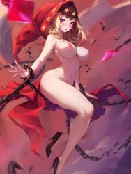  1girl blonde_hair blush breasts chain gypsy highres hood jewelry large_breasts mitsu_(mitsu_art) nipples nude odin_sphere open_mouth purple_eyes red_hood ring sitting solo velvet_(odin_sphere) 