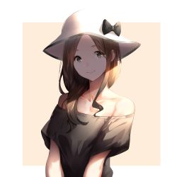 10s 1girl bare_shoulders black_bow border bow breasts brown_eyes brown_hair closed_mouth collarbone eyelashes hat hat_bow kimi_no_na_wa. long_hair looking_at_viewer off-shoulder_shirt off_shoulder okudera_miki outside_border shade shirt short_sleeves small_breasts smile sola_(solo0730) solo upper_body white_border white_hat rating:Sensitive score:17 user:danbooru