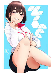  1girl animification black_shorts blue_background border breasts brown_eyes brown_hair double_v drawstring hood hood_down hoodie iori_moe legs medium_breasts minato_yu outside_border parted_lips real_life short_hair shorts signature sitting smile solo v white_border white_hoodie 