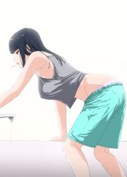  1girl absurdres bare_shoulders bathroom black_hair blue_shorts blunt_bangs breasts brown_eyes commentary_request fingernails from_side futago_imouto_(kakitama) grey_shirt highres kakitama leaning_forward lips long_hair looking_away original panties shirt shorts sidelocks simple_background sleeveless sleeveless_shirt solo standing stomach underwear white_background white_panties 