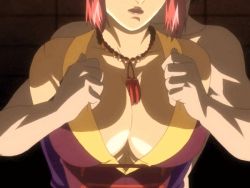 00s 1boy 1girl animated animated_gif assisted_exposure bible_black bouncing_breasts breasts detached_sleeves huge_breasts jewelry lipstick makeup necklace nipples red_hair sash shin_bible_black takashiro_hiroko topless undressing upper_body rating:Explicit score:88 user:nobn