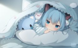 1girl amashiro_natsuki animal_ears bed_sheet blue_eyes blue_hair blue_shirt blush cat_ears commentary eyebrows_hidden_by_hair hair_between_eyes highres long_sleeves lying nekoha_shizuku on_stomach original parted_lips pillow shirt sleeves_past_wrists solo striped stuffed_animal stuffed_cat stuffed_toy symbol-only_commentary under_covers rating:Sensitive score:27 user:danbooru