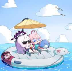  2girls :d absurdres ahoge beach_chair blue-tinted_eyewear blue_archive blue_jacket blue_sky chibi cloud cloudy_sky commentary_request cup demon_girl demon_horns demon_wings drink drinking drinking_glass drinking_straw drinking_straw_in_mouth drooling hair_between_eyes hair_bobbles hair_ornament hairclip halo highres hina_(blue_archive) hina_(swimsuit)_(blue_archive) holding holding_cup hood hooded_jacket horizon horns hoshino_(blue_archive) hoshino_(swimsuit)_(blue_archive) hugging_doll hugging_object inflatable_duck inflatable_raft jacket long_hair long_sleeves low_twintails lying multiple_girls ocean official_alternate_costume official_alternate_hairstyle old_school_swimsuit on_back one_side_up open_clothes open_jacket open_mouth outdoors parted_bangs pink_hair relaxing school_swimsuit sidelocks simple_background sitting sky sleeping smile stuffed_whale sunglasses swimsuit tinted_eyewear twintails uz_(uzru0428) wings 