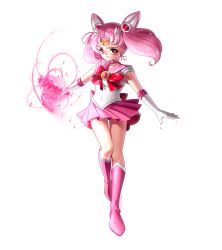  1girl bishoujo_senshi_sailor_moon boots bow brooch chibi_usa choker cone_hair_bun dalzzam dated double_bun elbow_gloves energy full_body gloves hair_bun hair_ornament hairpin highres jewelry knee_boots magical_girl pink_footwear pink_hair pink_skirt pleated_skirt red_bow red_eyes sailor_chibi_moon sailor_collar serious short_hair signature skirt solo standing tiara transparent_background twintails white_background white_gloves 