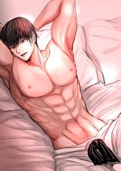  1boy abs absurdres armpits arms_behind_head artist_request black_hair fushiguro_touji head_tilt highres jujutsu_kaisen large_pectorals looking_at_viewer lying male_focus muscular muscular_male navel no_scar on_back on_bed pants pectorals seductive_smile short_hair smile solo topless_male v-taper  rating:Sensitive score:2 user:danbooru