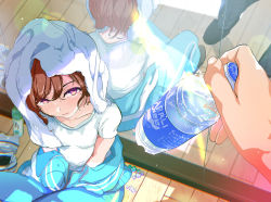 1boy 1girl brown_hair giving highres higuchi_madoka idolmaster idolmaster_shiny_colors indoors jacket jacket_partially_removed lens_flare light_particles looking_at_viewer looking_up mirror mole mole_under_eye on_floor pants pocari_sweat pov pov_hands producer_(idolmaster) red_eyes reflection shirt sitting sweatdrop towel towel_on_head track_jacket track_pants wet wet_clothes wet_shirt white_shirt white_towel wooden_floor yamabuki_ryuu rating:General score:14 user:danbooru