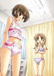  1boy 1girl ahoge androgynous blush bra breasts brother_and_sister brown_hair camisole crossdressing diaper dressing_room laughing long_hair midriff navel open_mouth panties red_eyes ringo_sui short_hair siblings smile standing trap trembling underwear yellow_eyes  rating:Questionable score:134 user:oteri