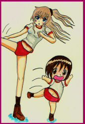  2girls brown_footwear buruma charlotte_(anime) gym_uniform hanamaru_youchien koume_(hanamaru_youchien) multiple_girls red_buruma tomori_nao 