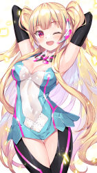  1girl ;d armpits arms_behind_head arms_up bare_shoulders black_bow black_bowtie black_gloves blonde_hair blush bow bowtie breasts breasts_apart bucchake_(asami) clothing_cutout commentary_request covered_navel cowboy_shot detached_collar dress elbow_gloves gloves headset leotard long_hair looking_at_viewer medium_breasts nanase_(ufo_rush) one_eye_closed open_mouth pachinko_cr_ufo_rush plunging_neckline red_eyes short_dress simple_background sleeveless smile solo teeth thigh_gap tight_clothes tight_dress two_side_up upper_teeth_only very_long_hair white_background white_leotard 