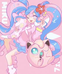  1girl ;d absurdres blue_hair blue_skirt character_name commentary_request creatures_(company) earrings eyelashes fairy_miku_(project_voltage) flower game_freak gen_1_pokemon hair_flower hair_ornament hatsune_miku highres jewelry jigglypuff long_hair looking_at_viewer loose_socks multicolored_hair nail_polish nintendo one_eye_closed open_mouth pink_background pink_hair pink_nails pink_sweater pokemon pokemon_(creature) project_voltage red_flower ryusa_(gjgd7445) skirt smile socks sticker_on_leg sweater teeth tongue twintails two-tone_hair upper_teeth_only vocaloid 