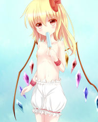 1girl blonde_hair bloomers bow collarbone dei_(dirmu) eating flandre_scarlet flat_chest food hair_bow highres ice_cream looking_at_viewer nipples popsicle red_eyes short_hair side_ponytail small_nipples solo topless touhou uncensored underwear underwear_only white_bloomers wings wrist_cuffs rating:Questionable score:11 user:danbooru