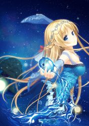  1girl absurdres blonde_hair blue_dress blue_eyes dress from_side hair_ornament highres long_hair looking_at_viewer magic original outdoors sky smile solo sora_freebird star_(sky) starry_sky water 