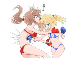  2girls absurdres bare_shoulders belly_punch bikini blonde_hair blue_bikini blue_eyes breasts brown_hair defeat fang female_focus gloves highres large_breasts multiple_girls open_mouth original red_bikini red_gloves ryona shamanwer small_breasts swimsuit thong thong_bikini 