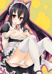 1girl alternate_costume animal_ears argyle argyle_background argyle_clothes black_hair breasts brown_eyes cat_ears covering_breasts covering_nipples covering_privates enmaided frills k-on! maid nakano_azusa no_bra open_mouth panties panty_pull pantyshot shoes sitting skindentation solo source_request thighhighs twintails uchiwa_(artist) underwear white_panties white_thighhighs wrist_cuffs yellow_background rating:Questionable score:24 user:danbooru