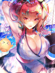  1girl absurdres azur_lane bad_id bad_pixiv_id blush breasts bremerton_(azur_lane) bremerton_(scorching-hot_training)_(azur_lane) chain-link_fence covered_erect_nipples crop_top crop_top_overhang fence grey_hair hair_between_eyes hair_ornament hairclip heart heart_necklace highres huge_breasts jewelry long_hair looking_at_viewer manjuu_(azur_lane) multicolored_hair necklace ocean pink_eyes pink_hair shirt skirt sleeveless sleeveless_shirt sportswear streaked_hair tennis_uniform tub_(abcehknqux) twintails two-tone_shirt two-tone_skirt wet wet_clothes wet_shirt x_hair_ornament 