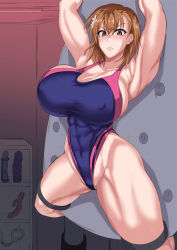  1girl abs aged_up alternate_breast_size alternate_muscle_size armpits arms_up bare_hips blue_one-piece_swimsuit breasts brown_eyes brown_hair competition_swimsuit covered_erect_nipples curvy hair_between_eyes highres huge_breasts medium_hair misaka_mikoto muscular muscular_female one-piece_swimsuit puripuri_jet solo swimsuit thick_thighs thighs toaru_kagaku_no_railgun toaru_majutsu_no_index v-shaped_eyebrows  rating:Questionable score:35 user:jojosstand