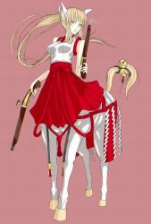  1girl animal_ears artist_request blonde_hair centaur character_request copyright_request gun japanese_clothes miko monster_girl ponytail simple_background source_request taur weapon yellow_eyes  rating:Questionable score:16 user:thebatman