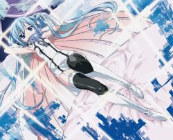  1girl bare_shoulders blue_eyes blue_hair boots breasts cape chain collar commentary_request full_body gloves highres long_hair nymph_(sora_no_otoshimono) small_breasts solo sora_no_otoshimono thigh_boots twintails watanabe_yoshihiro wings  rating:Sensitive score:4 user:danbooru