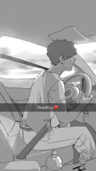  1boy bottle car car_interior commentary contemporary driving dungeon_meshi english_commentary english_text gear_shift greyscale hands_up heart highres kabru looking_to_the_side male_focus monochrome motor_vehicle open_mouth pants raccoon0ncaf seatbelt shirt short_hair short_sleeves sitting snapchat solo steering_wheel t-shirt water_bottle 