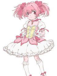 1girl bow dress frilled_dress frills gloves hair_bow highres kaname_madoka kneehighs looking_to_the_side magical_girl mahou_shoujo_madoka_magica mahou_shoujo_madoka_magica_(anime) marutaya pink_bow pink_eyes pink_hair pink_ribbon puffy_short_sleeves puffy_sleeves ribbon short_sleeves short_twintails simple_background socks solo soul_gem standing twintails white_background white_dress white_gloves white_socks 