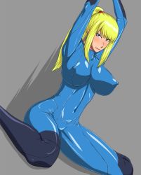  1girl angry arms_up blonde_hair blue_eyes blush bodysuit breasts covered_erect_nipples dutch_angle highres large_breasts latex latex_suit lipstick long_hair makeup metroid ml nintendo nipples no_bra ponytail samus_aran shiny_clothes simple_background sitting skin_tight solo third-party_edit wariza zero_suit  rating:Questionable score:28 user:KazanduBlademaster