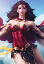  1girl armlet biceps black_hair blue_eyes blue_sky cape cloud day dc_comics earrings highres jewelry lasso lens_flare looking_at_viewer outstretched_arms parted_lips pteruges realistic shield skirt sky solo stanley_lau stanley_lau_dc_comics strapless tiara toned wonder_woman wonder_woman_(series)  rating:Sensitive score:49 user:danbooru