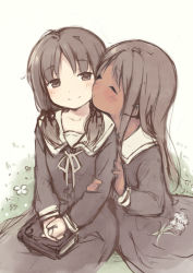  2girls black_hair blush cheek-to-cheek child child_on_child closed_eyes dark-skinned_female dark_skin dress heads_together highres holding_another&#039;s_arm imminent_kiss interracial kyuri long_hair low_twintails medium_hair multiple_girls original own_hands_clasped own_hands_together sailor_dress sketch smile tan twintails yuri  rating:Sensitive score:16 user:forumbot