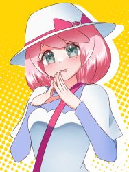  1girl :d blush creatures_(company) game_freak hat highres long_sleeves looking_at_viewer mole mole_under_eye nintendo open_mouth pink_hair pokemon pokemon_bw2 shirt smile solo steepled_fingers tyobi_2002 upper_body white_hat white_shirt yancy_(pokemon) yellow_background 