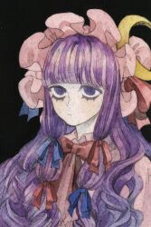  1girl black_background crescent crescent_hat_ornament dress expressionless hat hat_ornament highres kz_m_i long_hair mob_cap painting_(medium) patchouli_knowledge portrait purple_eyes purple_hair simple_background solo touhou traditional_media upper_body watercolor_(medium) wavy_hair 