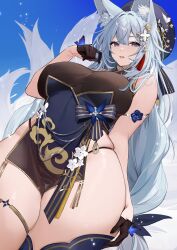  1girl animal_ears azur_lane black_gloves blue_eyes breasts curvy fox_ears fox_girl gloves hat highres kikimi kitsune large_breasts long_hair looking_at_viewer multiple_tails shinano_(azur_lane) solo tail thick_thighs thighs  rating:Sensitive score:32 user:danbooru