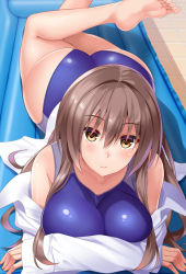 1girl ass bare_shoulders barefoot blue_one-piece_swimsuit breasts brown_eyes brown_hair competition_swimsuit dress_shirt huge_ass huyumitsu inflatable_raft large_breasts long_hair looking_at_viewer lying on_stomach one-piece_swimsuit original shirt solo swimsuit rating:Sensitive score:39 user:danbooru