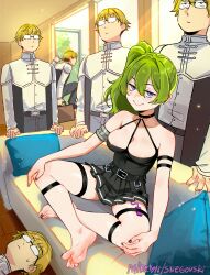 1girl 5boys arm_strap bare_shoulders black_choker black_dress breasts casting_couch choker clone couch cushion dress fleeing green_hair hair_between_eyes hands_on_own_knees highres imminent_gangbang indian_style land_(sousou_no_frieren) looking_at_viewer medium_breasts meme multiple_boys on_couch piper_perri_surrounded_(meme) purple_eyes sex_toy side_ponytail sitting smile snegovski sousou_no_frieren surrounded thigh_strap ubel_(sousou_no_frieren) vibrator vibrator_under_clothes rating:Questionable score:20 user:danbooru