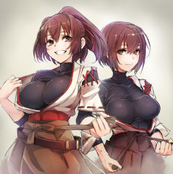 10s 2girls black_shirt blouse blush breasts brown_eyes brown_hair grin hair_between_eyes highres hyuuga_(kancolle) ise_(kancolle) japanese_clothes kantai_collection large_breasts long_hair looking_at_viewer multiple_girls nontraditional_miko open_clothes parted_lips ponytail shirt short_hair simple_background skin_tight smile sweat taishi_(picchiridou) rating:Questionable score:51 user:danbooru