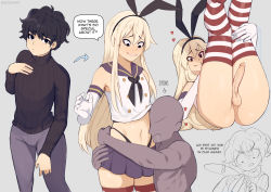  2boys ass ass_freckles blonde_hair blue_skirt blush body_freckles clothed_male_nude_male cosplay crop_top crossdressing dress drooling elbow_gloves english_text erection faceless faceless_male freckles freckles_on_ass functionally_nude gloves grey_background hair_ornament heart highleg highleg_panties highres kantai_collection large_penis looking_at_another looking_at_viewer looking_down male_focus microskirt midriff multiple_boys navel nervous_smile nude panties penis rabbit_hair_ornament sailor_dress shimakaze-kun shimakaze_(kancolle) shimakaze_(kancolle)_(cosplay) shimakaze_(kantai_collection) simple_background skirt sky_guy_art smile standing striped_legwear sweater testicles thighhighs thong trap uncensored underwear watermark wig yaoi  rating:Explicit score:248 user:explosive_semen