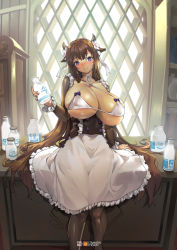 1girl animal_ears azur_lane bikini black_legwear blush bottle bow breasts brown_hair choker cleavage closed_mouth collarbone commentary cow_ears cow_horns desk english_commentary female_focus flower frilled_sleeves frills hair_flower hair_ornament hair_ribbon hand_up highres holding holding_bottle horns huge_breasts indoors kashino_(azur_lane) long_hair looking_at_viewer milk_bottle mixed-language_commentary on_desk pixiv_username purple_bow purple_eyes raised_eyebrows ribbon sitting on_desk skindentation smile solo swimsuit tamada_heijun unaligned_breasts underboob very_long_hair watermark white_bikini white_ribbon wooden_wall rating:Sensitive score:247 user:danbooru