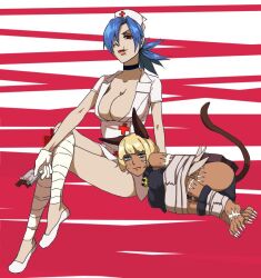  2girls barefoot blonde_hair blue_eyes blue_hair bob_cut breasts candy cat_girl chocolate chocolate_bar claws cleavage crossed_legs dark-skinned_female dark_skin duct_tape gloves hat kyouhei_hei large_breasts latex latex_gloves leg_wrap licking_lips looking_at_viewer lying ms._fortune_(skullgirls) multiple_girls nurse_cap on_side ponytail red_background red_eyes scar scar_on_face short_hair sitting skullgirls sweatdrop tongue tongue_out valentine_(skullgirls) 