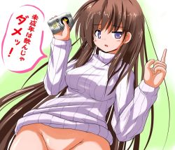  1girl alcohol bad_id bad_pixiv_id blush bottomless brown_hair can groin long_hair original out-of-frame_censoring purple_eyes ribbed_sweater solo sweater translated tsuzuri_(tuzuri) turtleneck  rating:Questionable score:13 user:danbooru