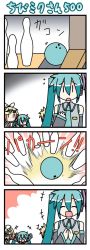 &gt;_&lt; 1boy 3girls 4koma ^_^ ball bowling bowling_ball chibi_miku closed_eyes comic detached_sleeves hatsune_miku kagamine_len kagamine_rin long_image minami_(colorful_palette) multiple_girls necktie open_mouth shaded_face tall_image twintails vocaloid |_| rating:General score:4 user:danbooru